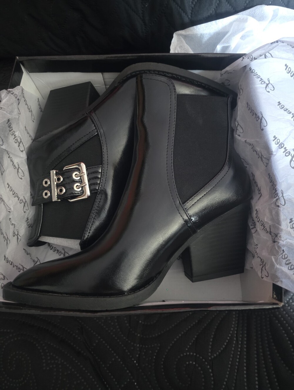 Forever 21 Black Patent Chelsea Block Heel Ankle Boots with Buckle